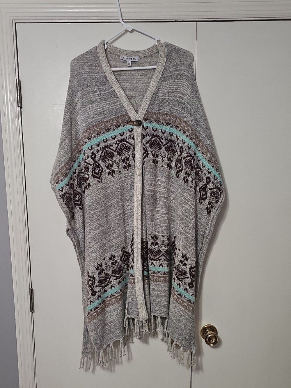 KONTROL Woven Fringe Open Poncho Cape in Taupe with Pattern Wooden Closure Sz LG